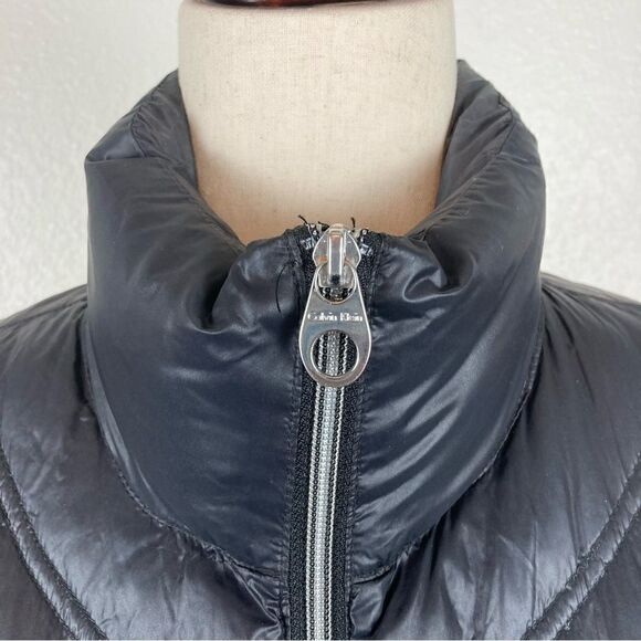 CALVIN KLEIN Long Packable Black Down Blend Chevron Coat S - Picture 7 of 11